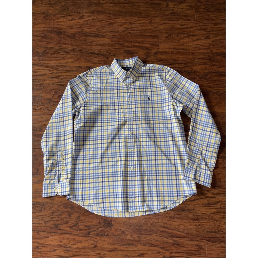 Polo Ralph Lauren Men's  100% Cotton Blue/Yellow plaid button up oxford shirt LG